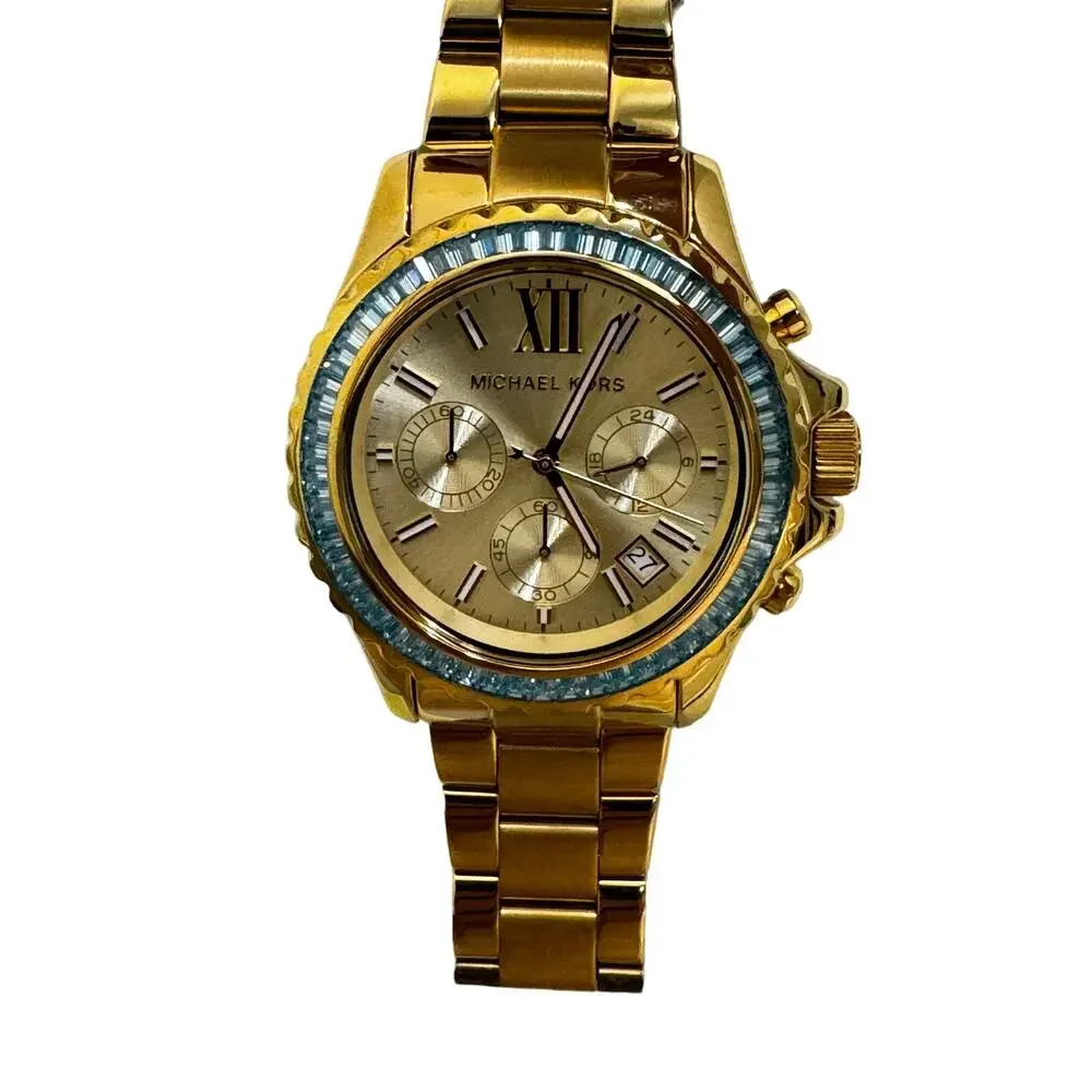 Michael Kors Everest Chronograph Gold Tone 42MM Turquoise Baguette Watch